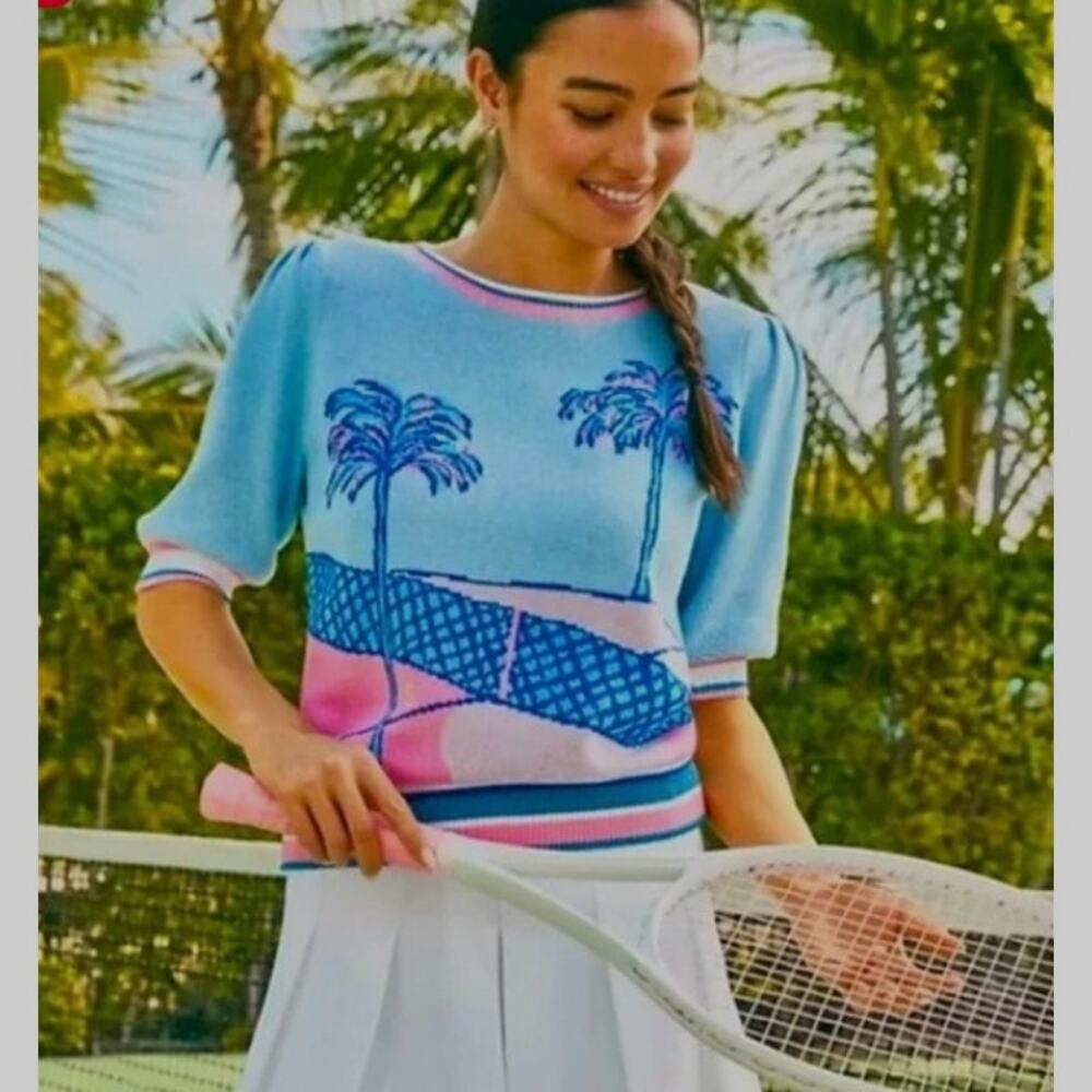 Lilly Pulitzer Vivie Short Puff Sleeve Perfect Match Sweater Large Tennis Prep